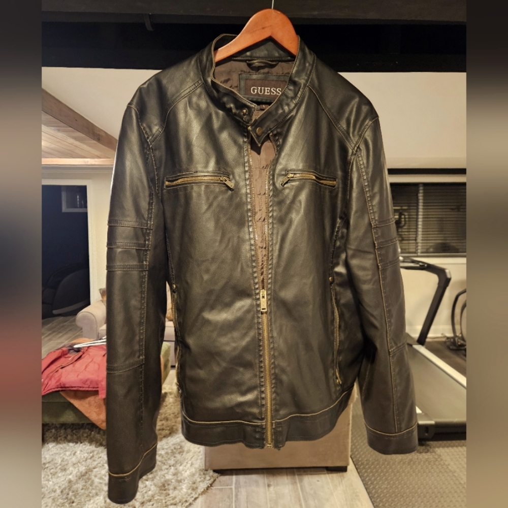 Guess Leather Bomber Vintage Jacket Size Large Color Brown